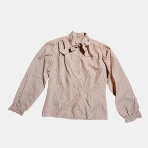 Vintage Peach Tie Neck‎ Long Sleeve Button Front Top M Puff Sleeve Courtcore